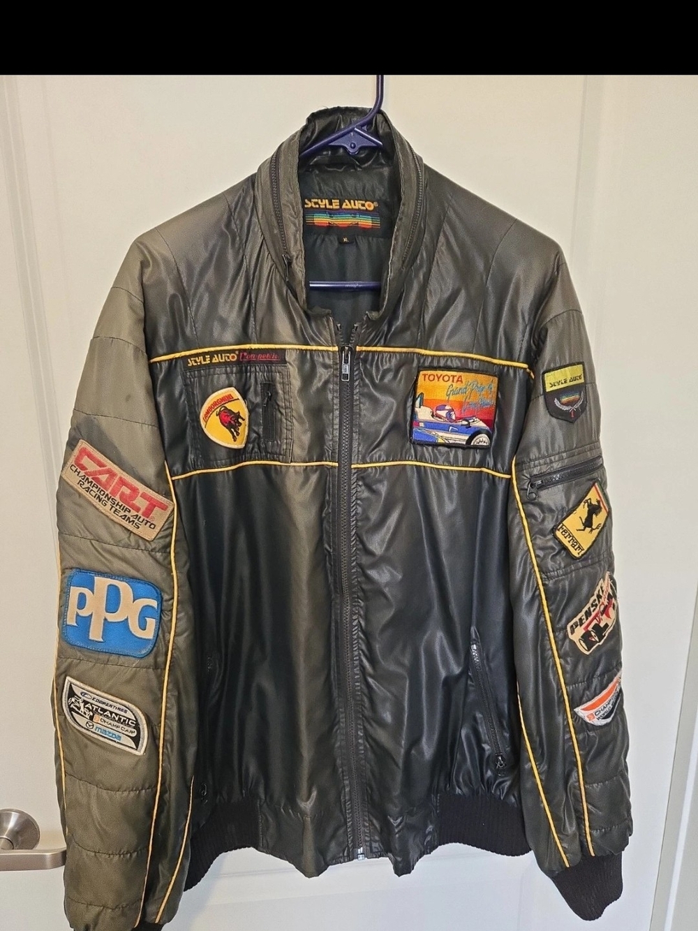 Men's Black Long Beach Grand Prix Racing Jacket XL Style Auto 80's Patches,orig.